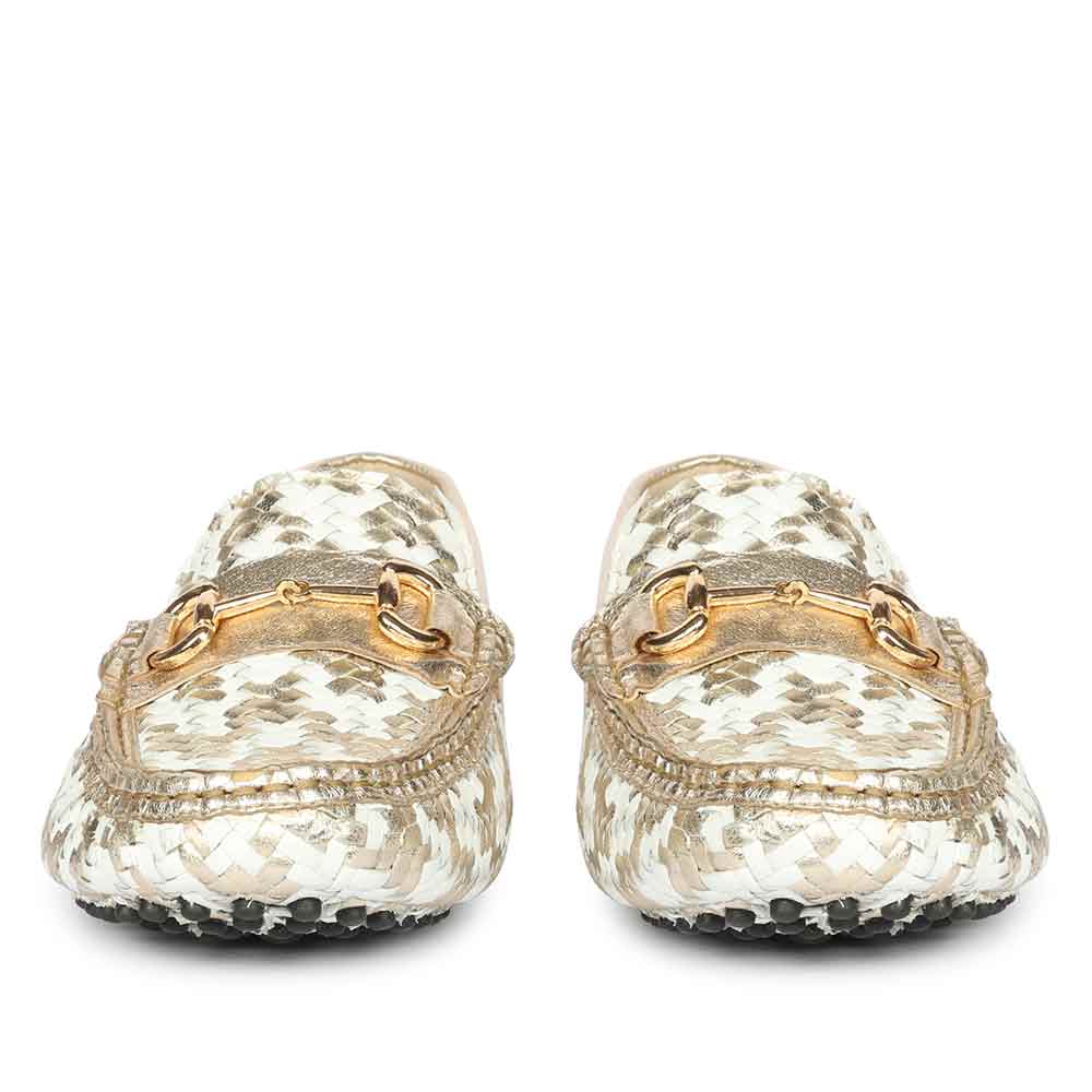 Saint Aurora Gold & White Handwoven Leather Horsebit Loafers - Image 4