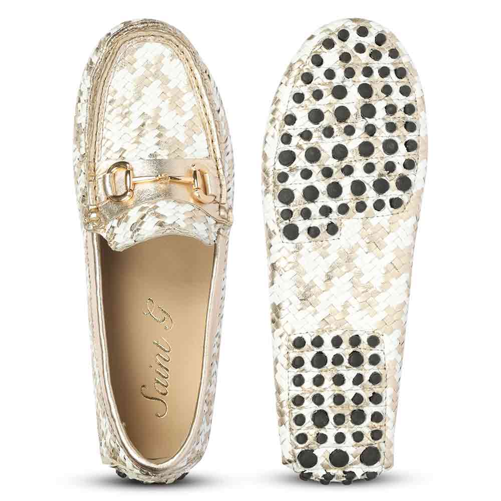 Saint Aurora Gold & White Handwoven Leather Horsebit Loafers - Image 6