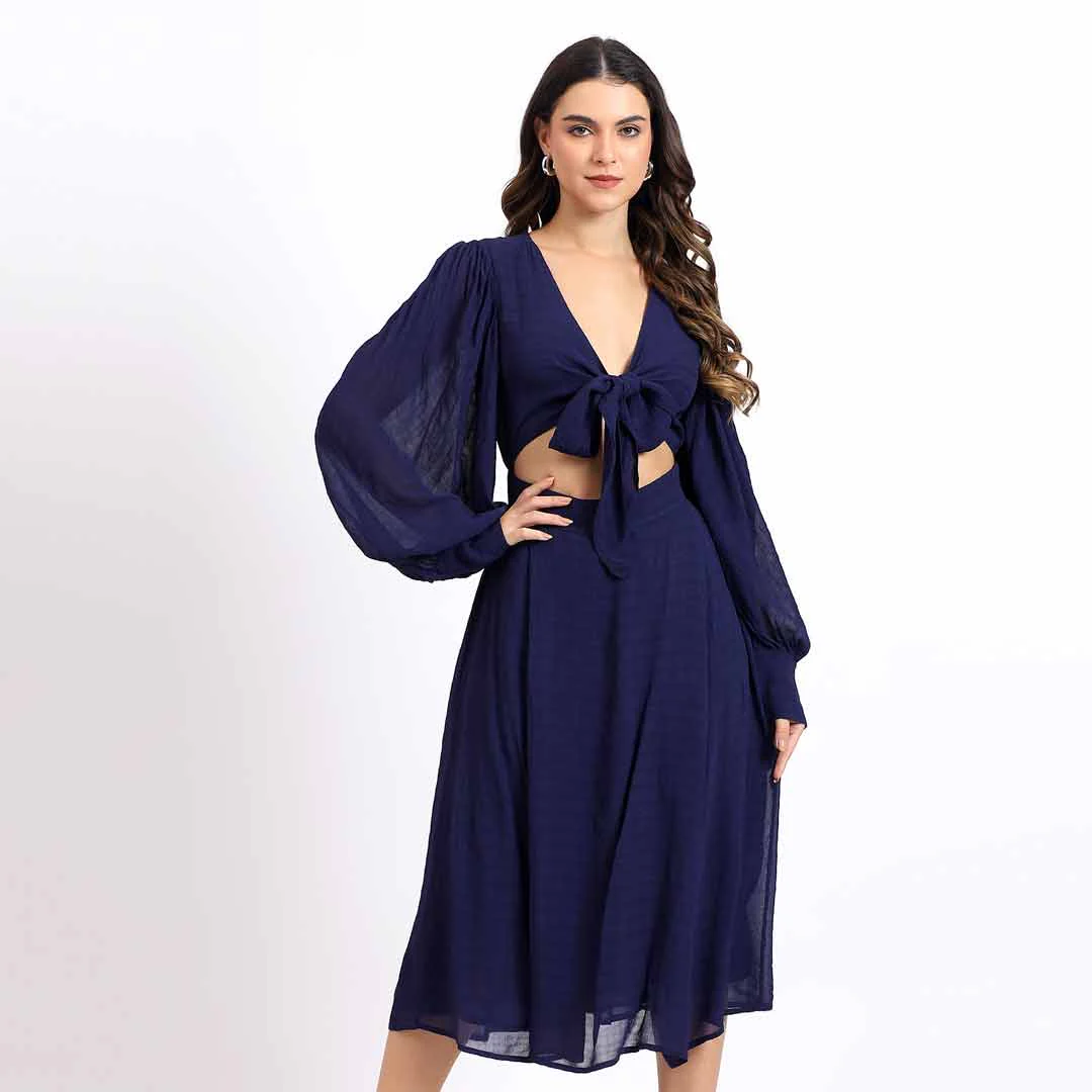 Saint Womens Front Knot Blue Midi Dress