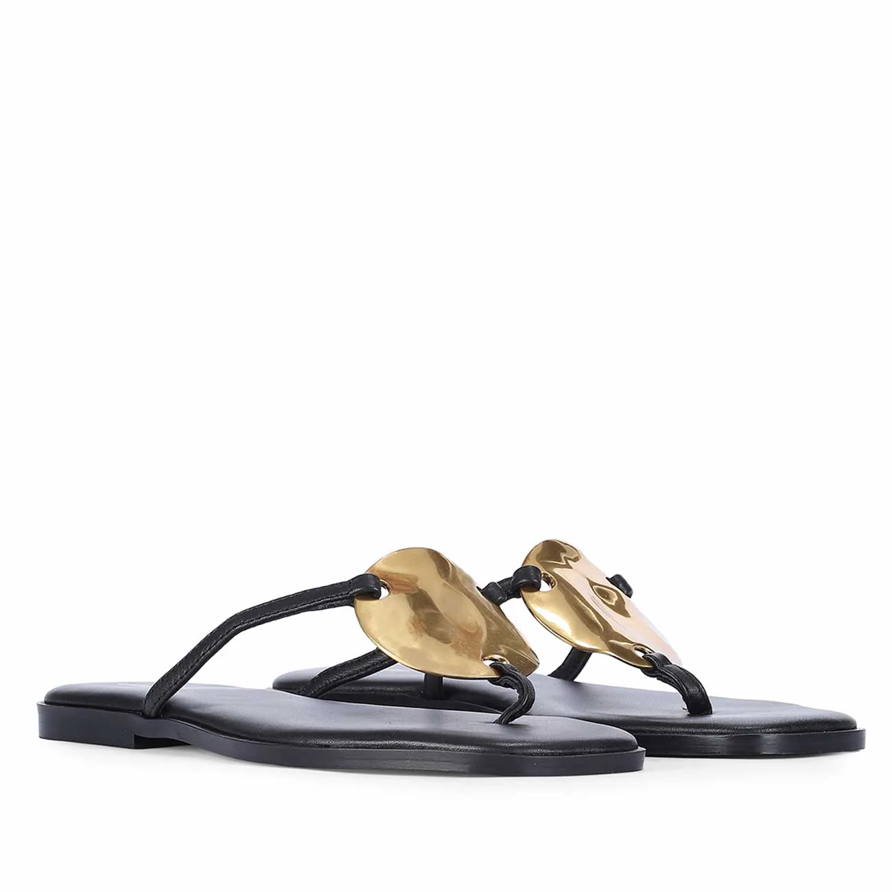 Saint Aurum Golden Disc Black Leather Flats - Image 2