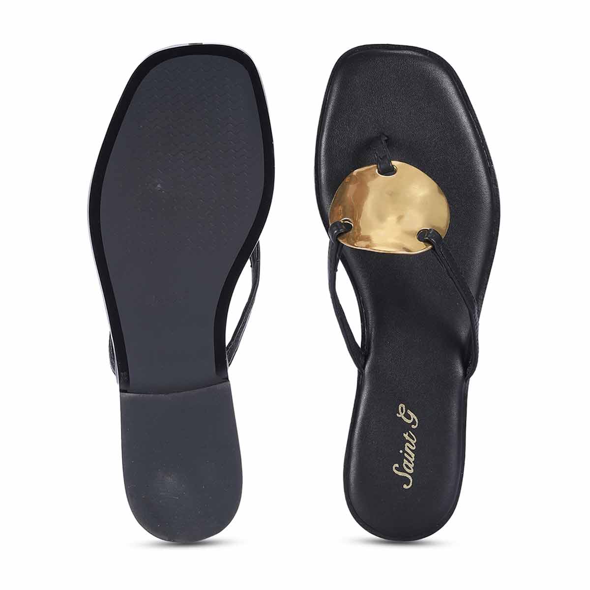 Saint Aurum Golden Disc Black Leather Flats - Image 6