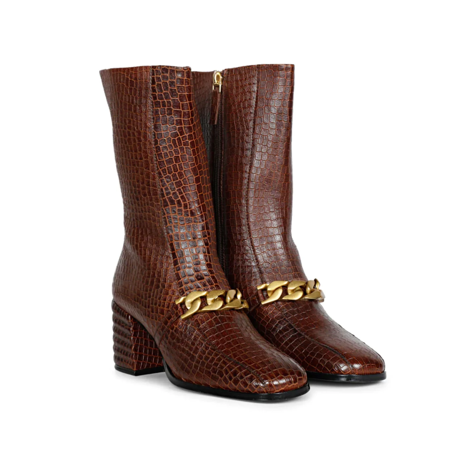 Ava Brown Snake Embossed Leather Calf Boots - Image 2