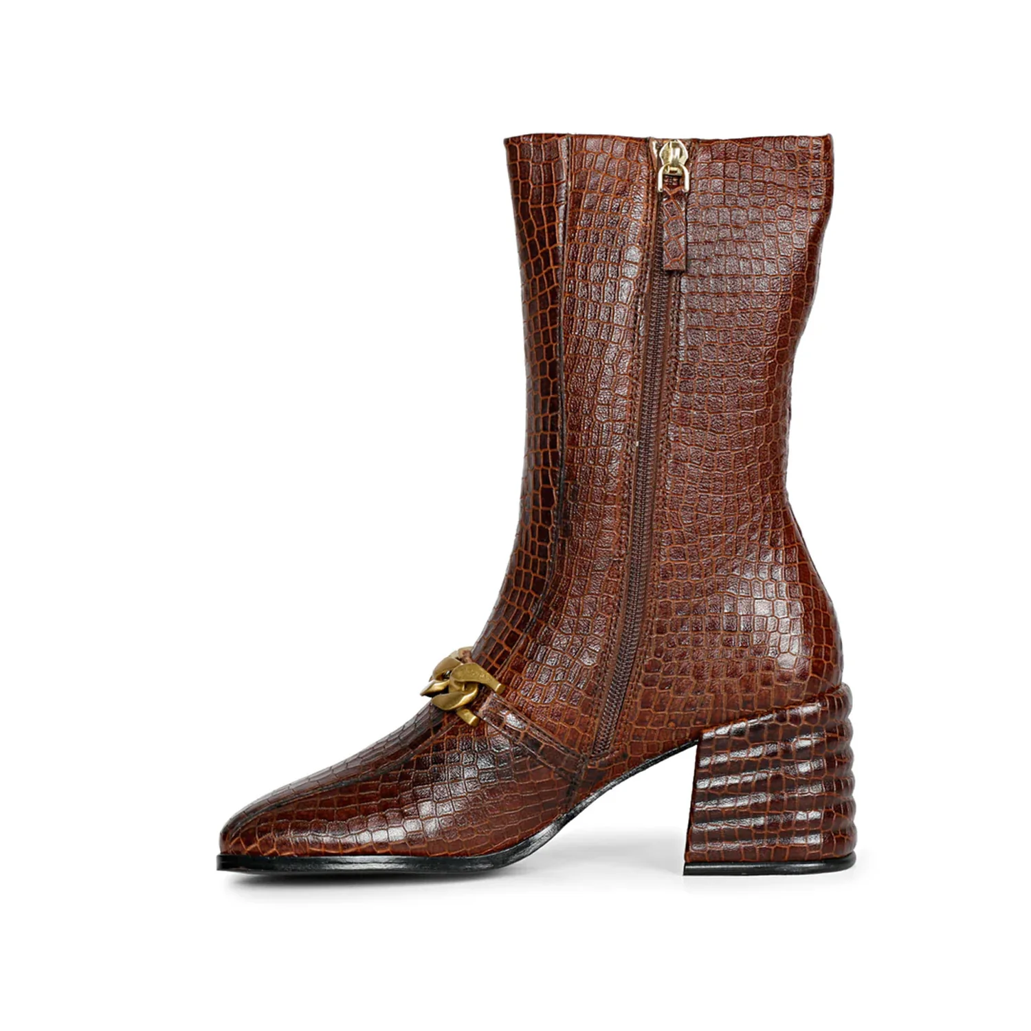 Ava Brown Snake Embossed Leather Calf Boots - Image 5