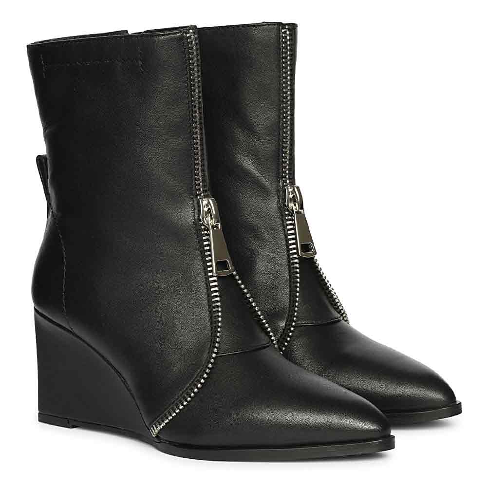 Saint Avia Front Zipper Black Leather Wedge Ankle Boots - Image 2