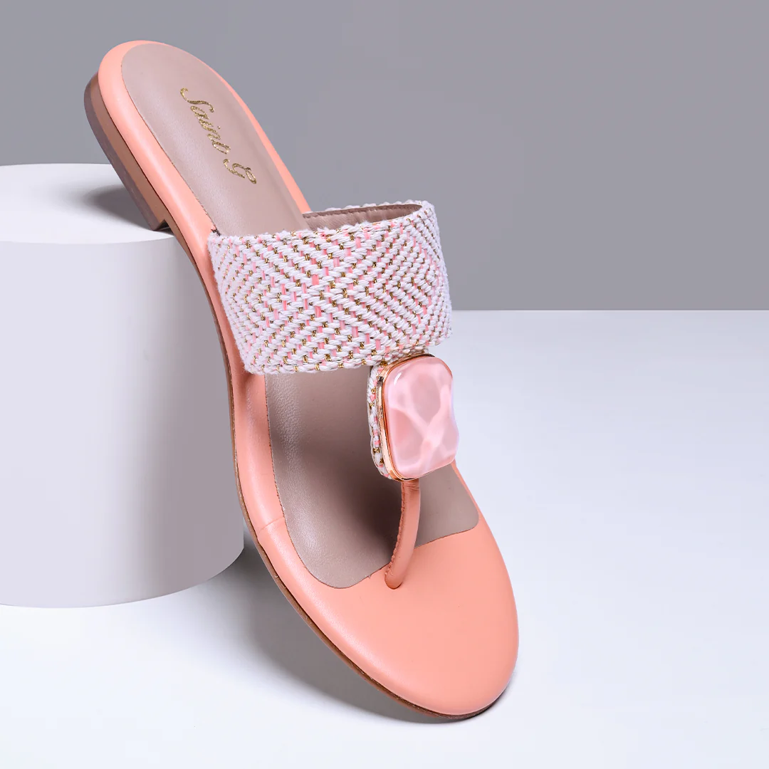 Saint Beau Stone Jeweled Pink Leather-Raffia Flat Sandals - Image 2