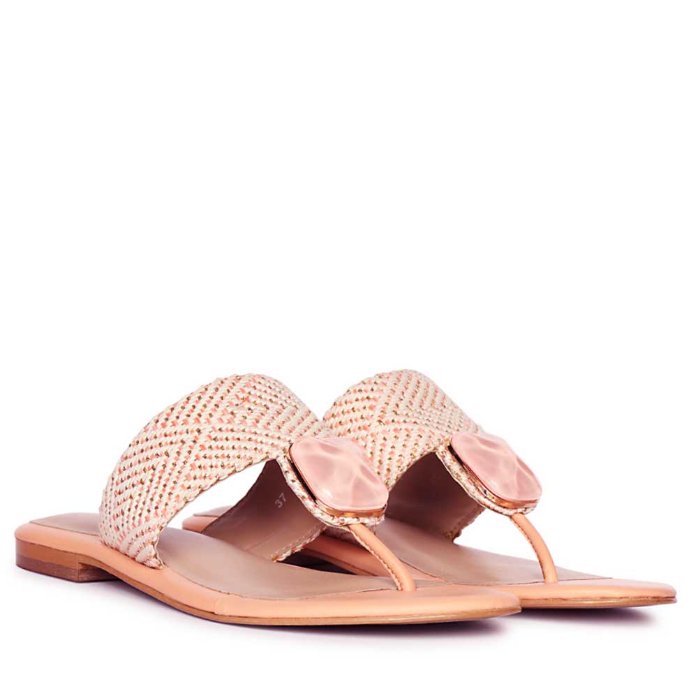 Saint Beau Stone Jeweled Pink Leather-Raffia Flat Sandals - Image 3