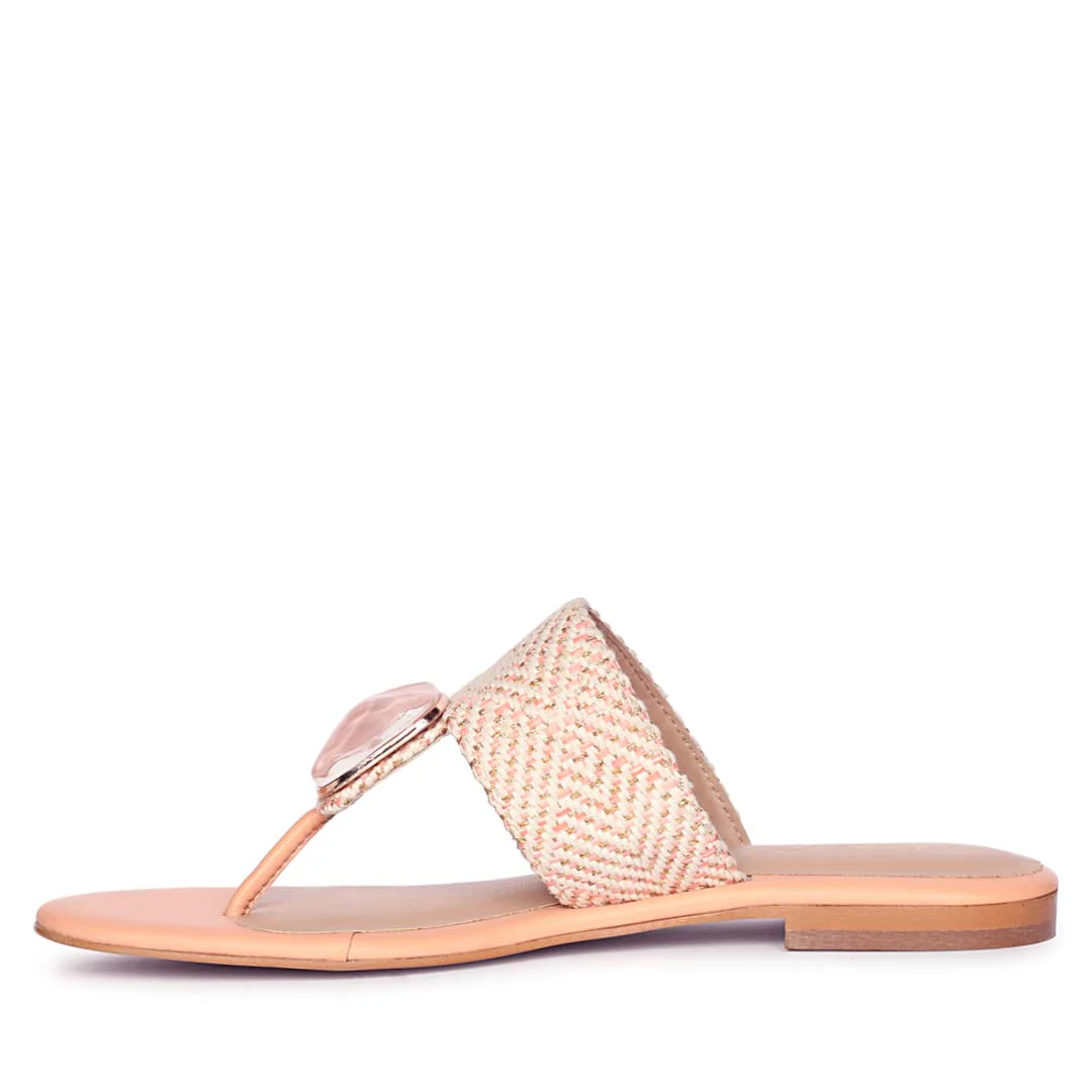 Saint Beau Stone Jeweled Pink Leather-Raffia Flat Sandals - Image 4