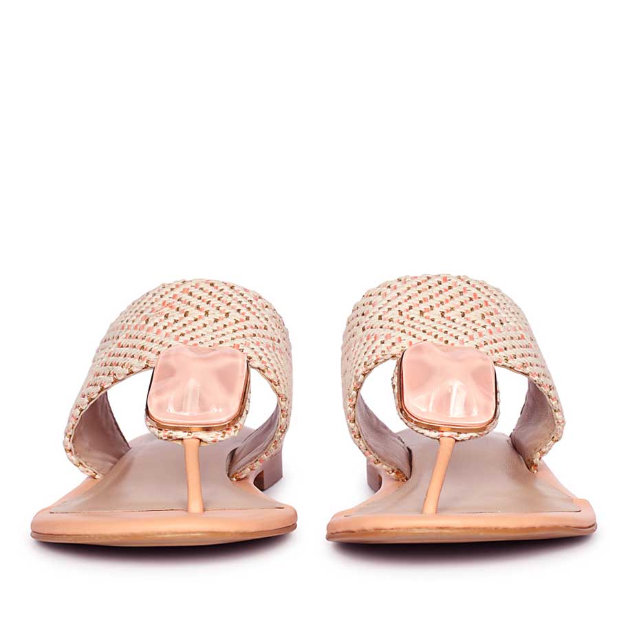 Saint Beau Stone Jeweled Pink Leather-Raffia Flat Sandals - Image 6