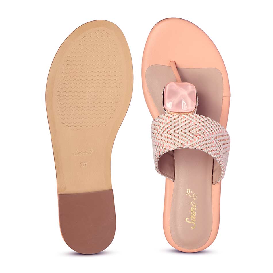 Saint Beau Stone Jeweled Pink Leather-Raffia Flat Sandals - Image 7