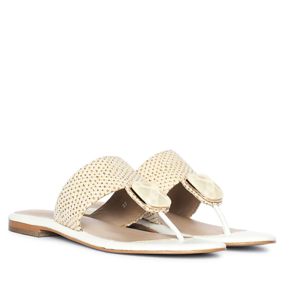 Saint Beau Stone Jeweled White Raffia Flat Sandals - Image 2