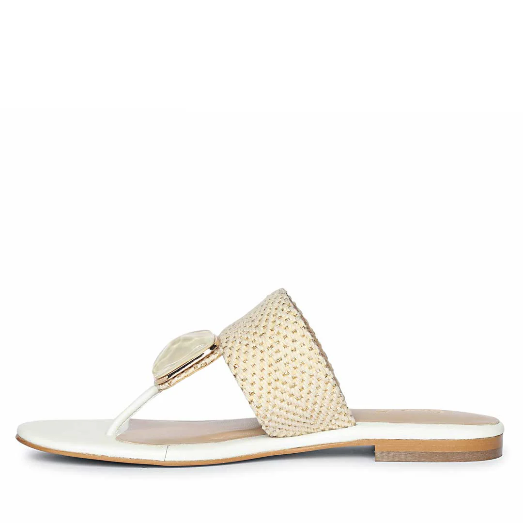 Saint Beau Stone Jeweled White Raffia Flat Sandals - Image 3