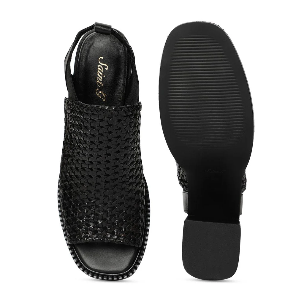 Saint Bella Black Woven Leather Block Heels - Image 7