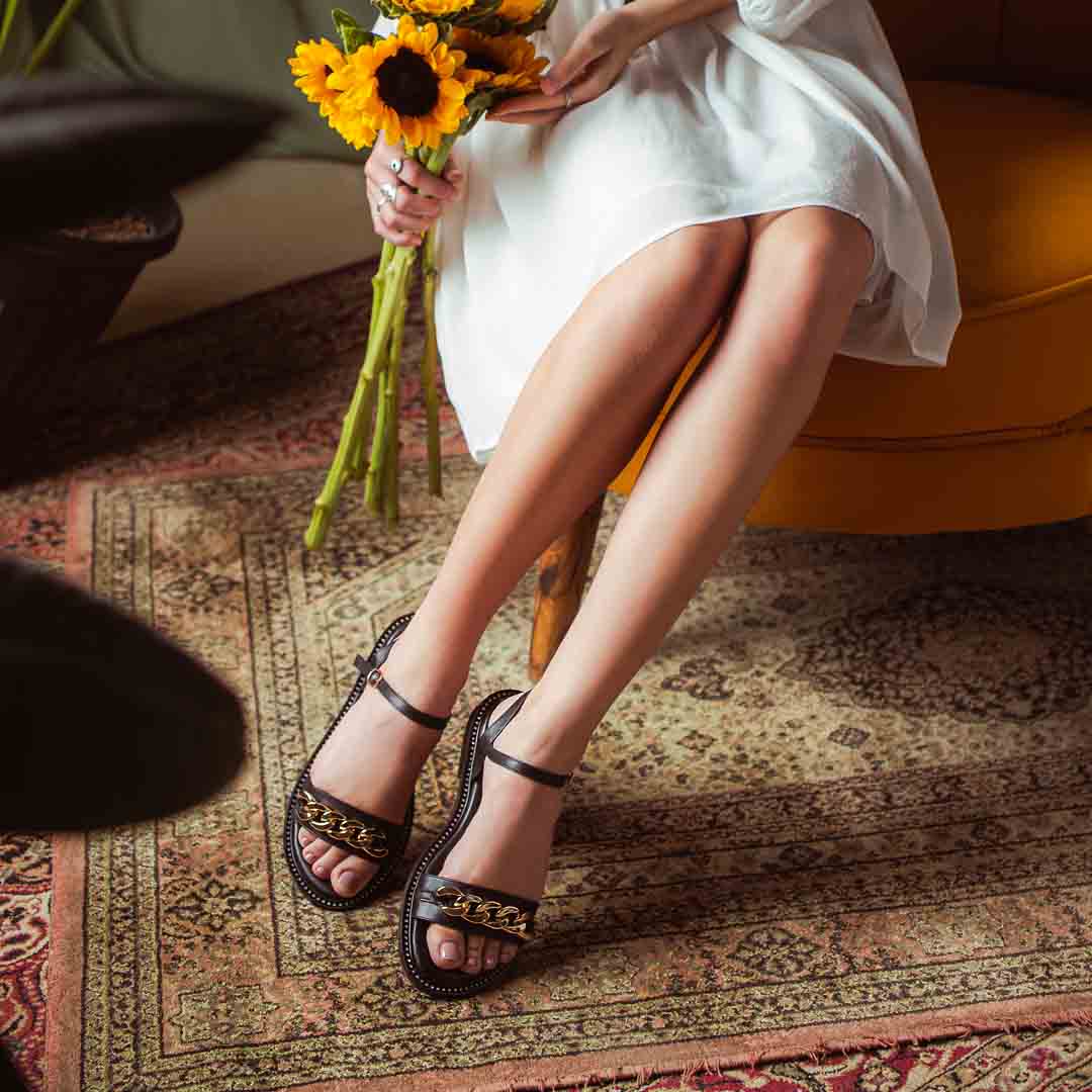 Saint Bellini Gold Chain Decor Black Leather Sandals - Image 2