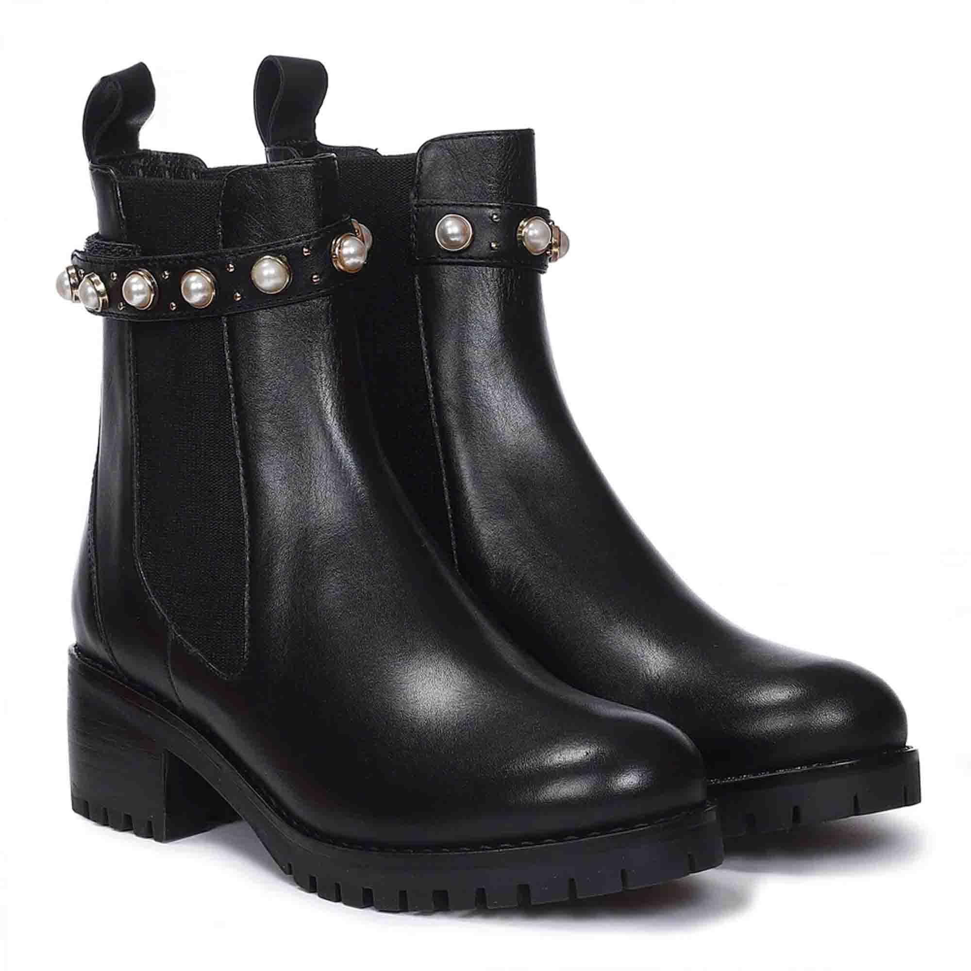 Saint Bennet Imitation Pearl Embellished Leather Chelsea Bootie - Image 3