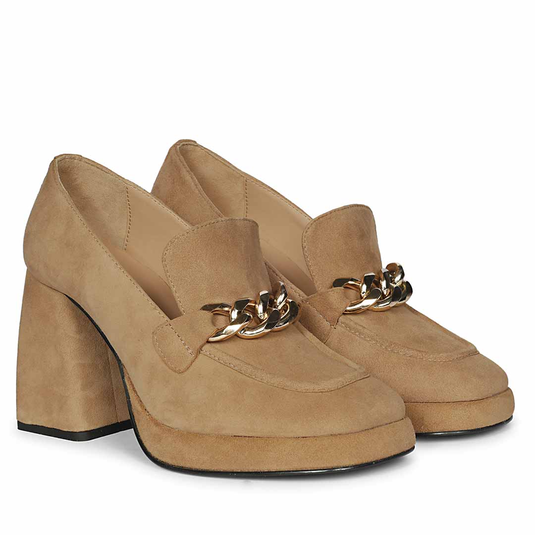 Saint Benoîte Chain Link Taupe Suede Leather Moccasins - Image 2