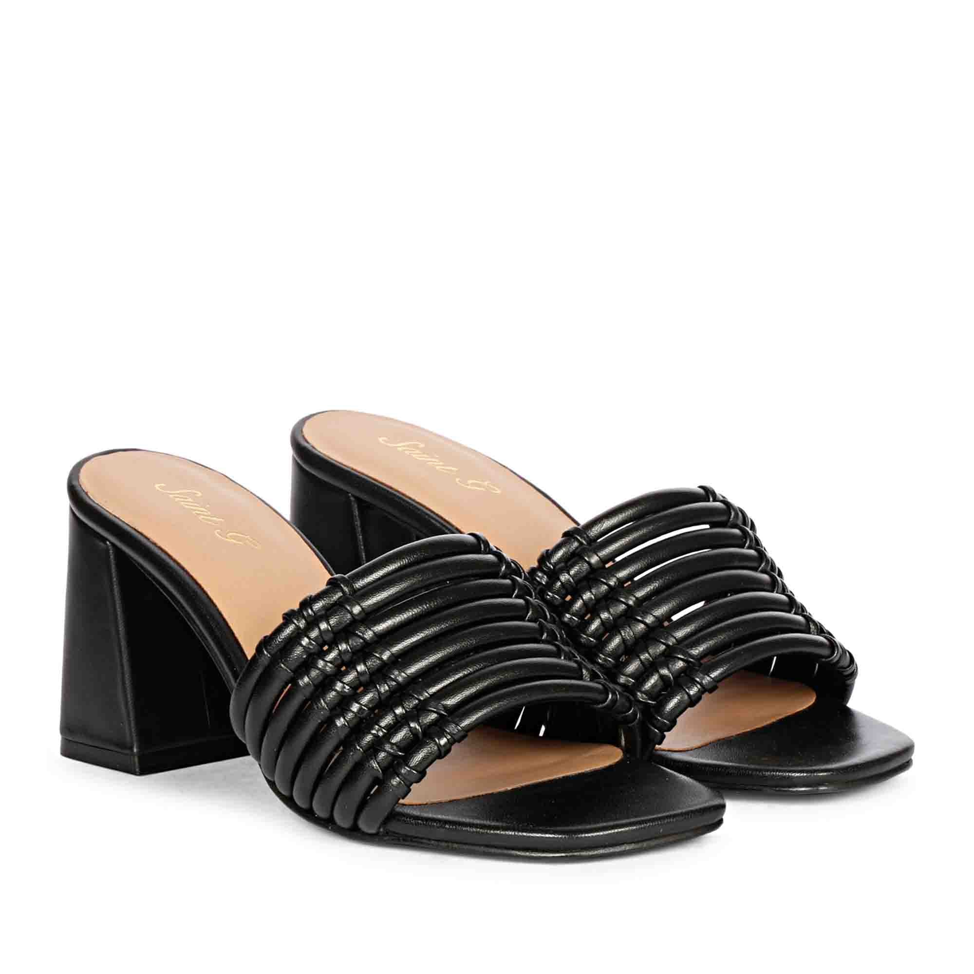 Saint Bethany Strappy Black Leather Block Heels - Image 3