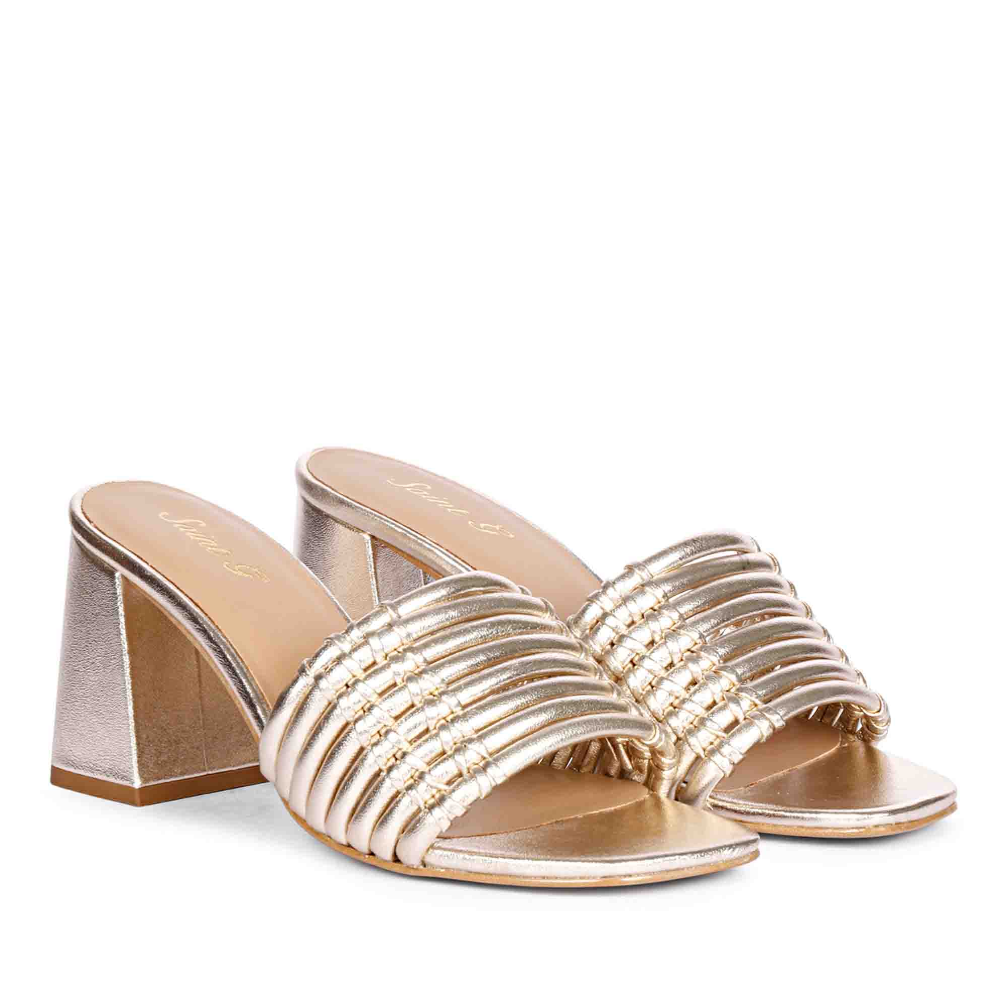 Saint Bethany Strappy Platin Metallic Leather Block Heels - Image 3