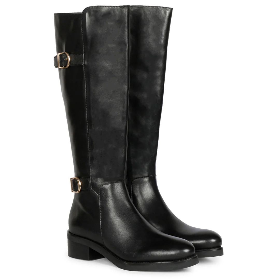 Saint Bijoy Buckle Decorative Black Leather Long Boots - Image 4