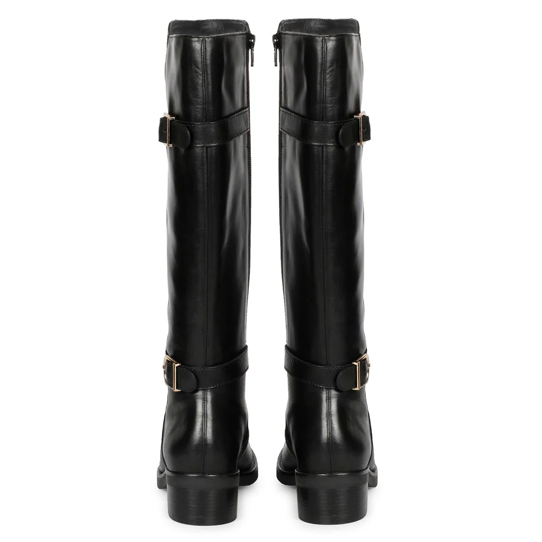 Saint Bijoy Buckle Decorative Black Leather Long Boots - Image 6