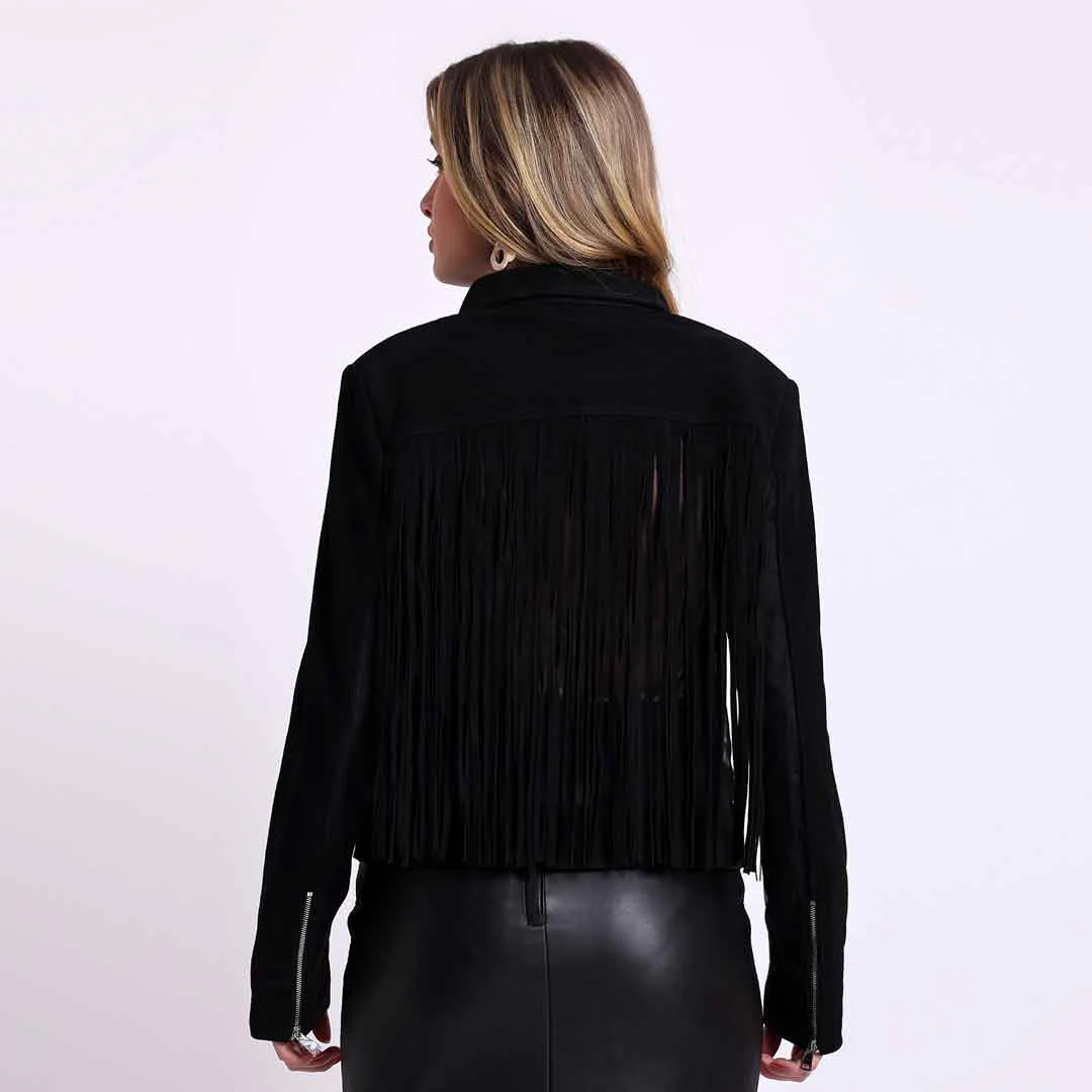 Saint Melanie Women Black Leather Fringe Jackets - Image 5