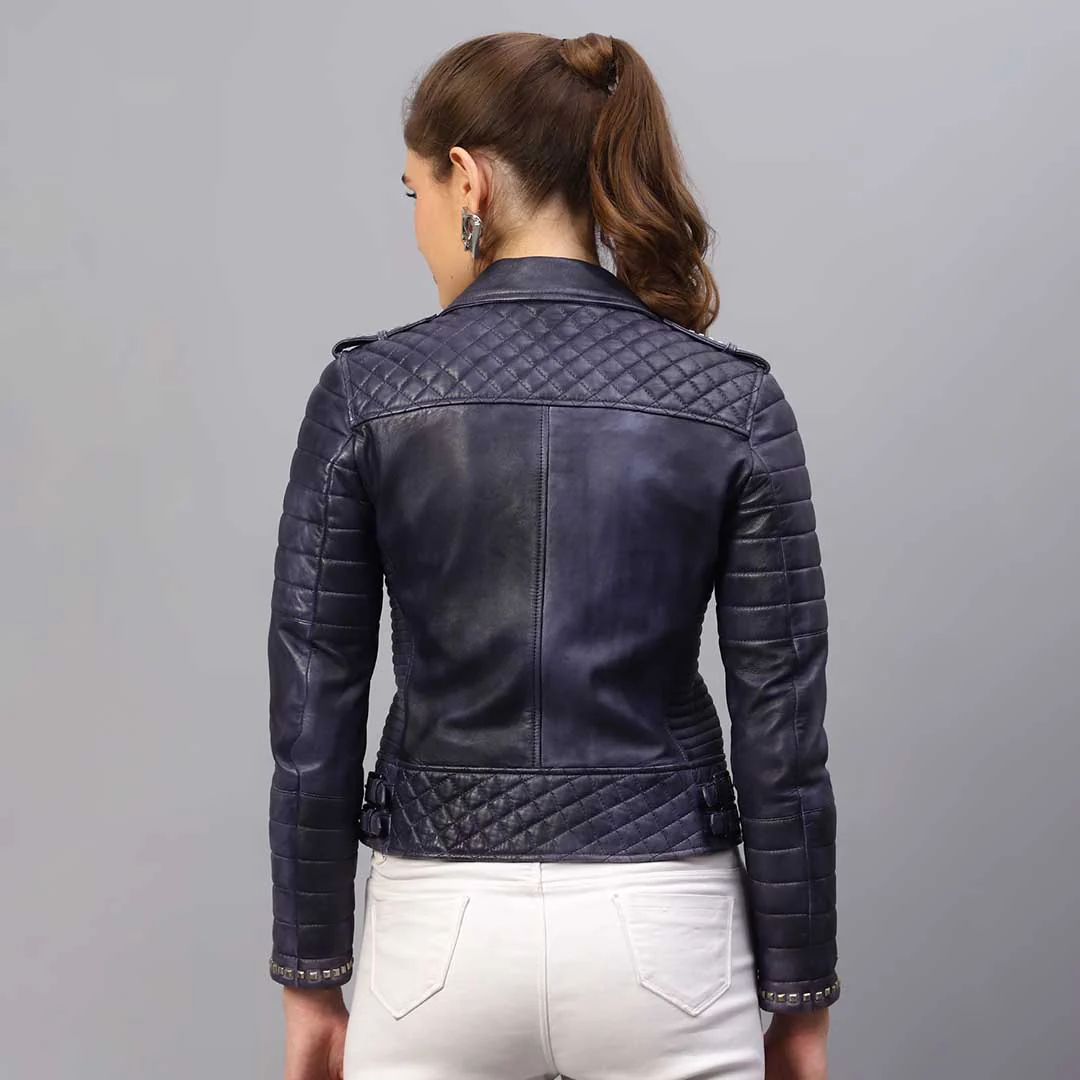 Saint Brielle Women Blue Leather Biker Style Jackets - Image 3