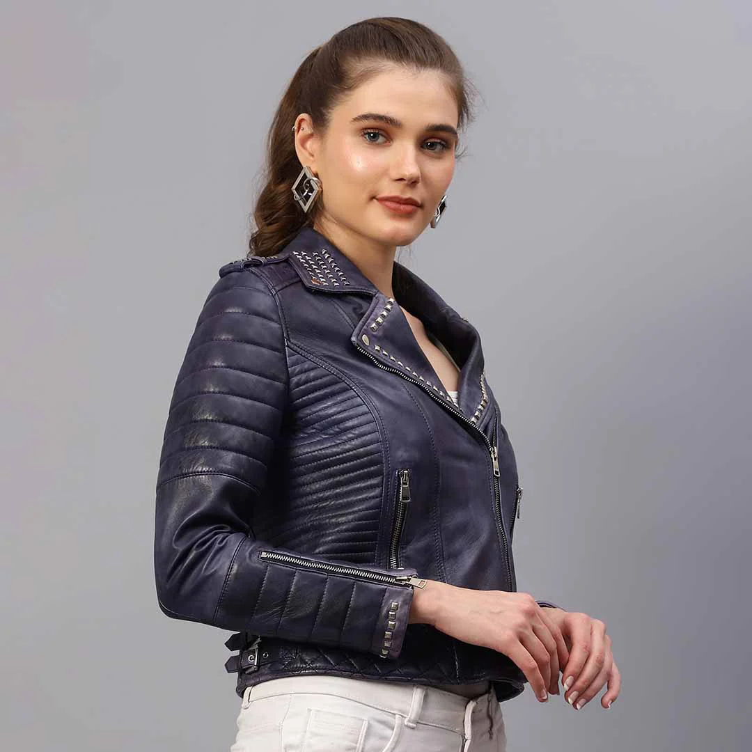 Saint Brielle Women Blue Leather Biker Style Jackets - Image 4