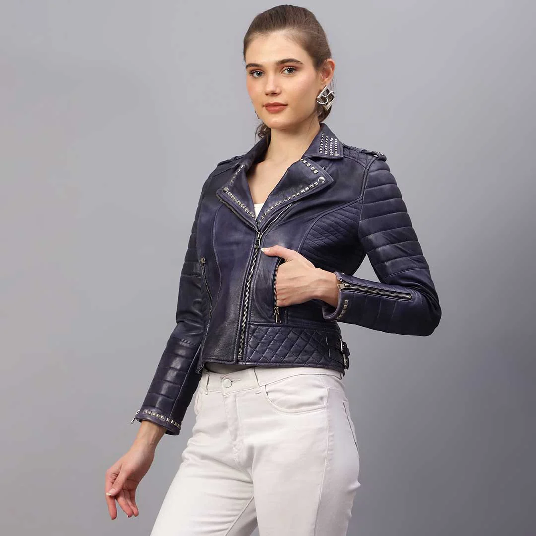 Saint Brielle Women Blue Leather Biker Style Jackets - Image 5