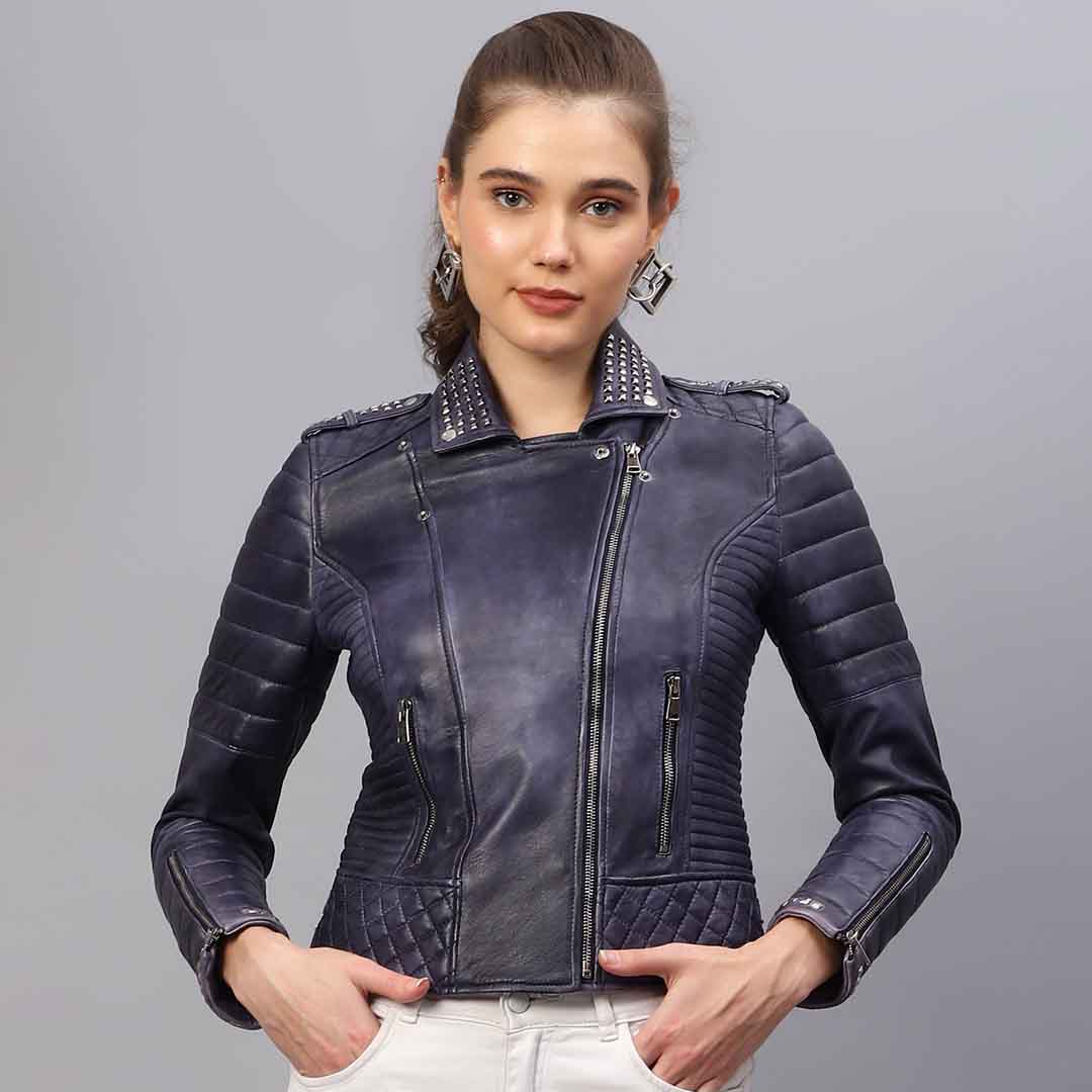 Saint Brielle Women Blue Leather Biker Style Jackets - Image 6