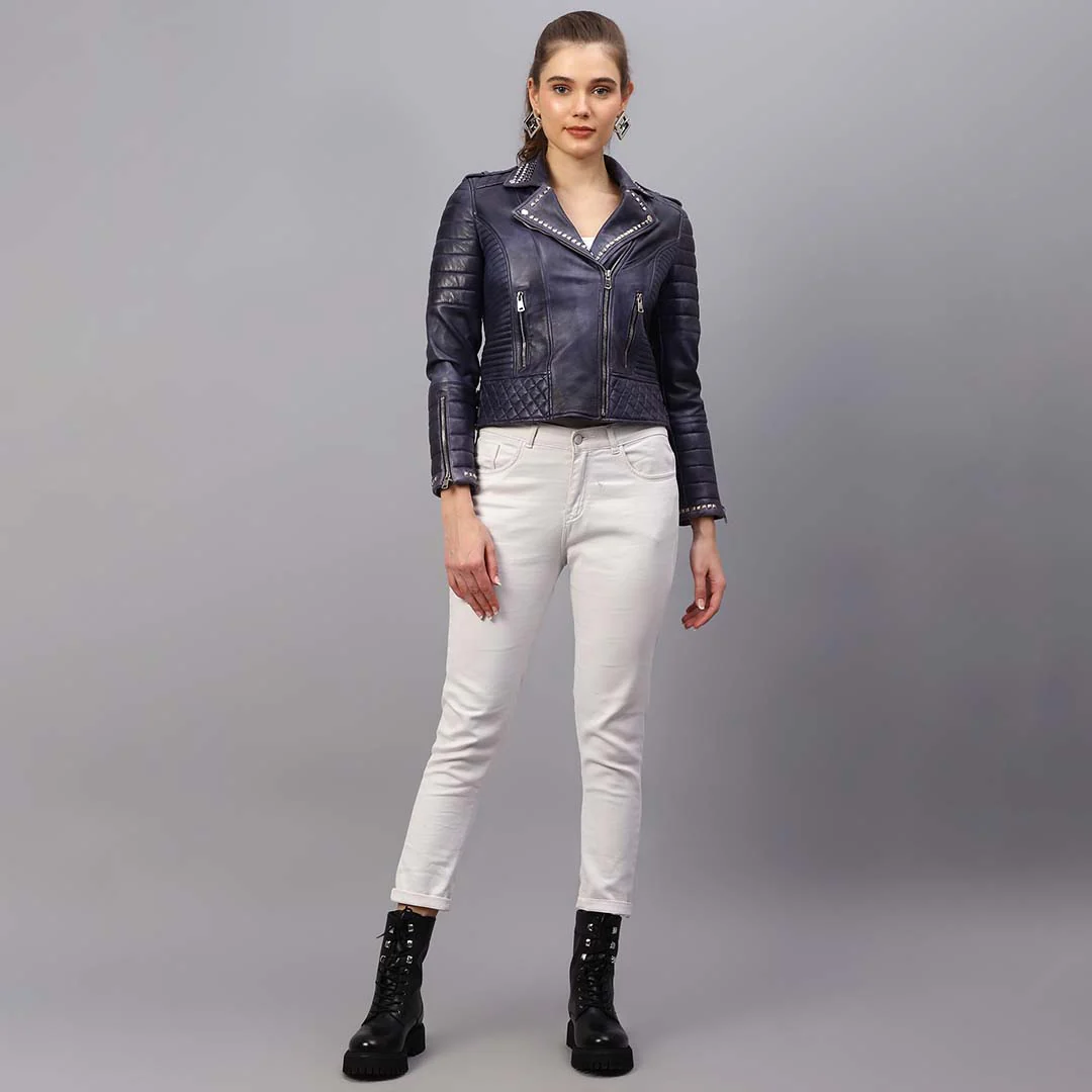 Saint Brielle Women Blue Leather Biker Style Jackets - Image 7