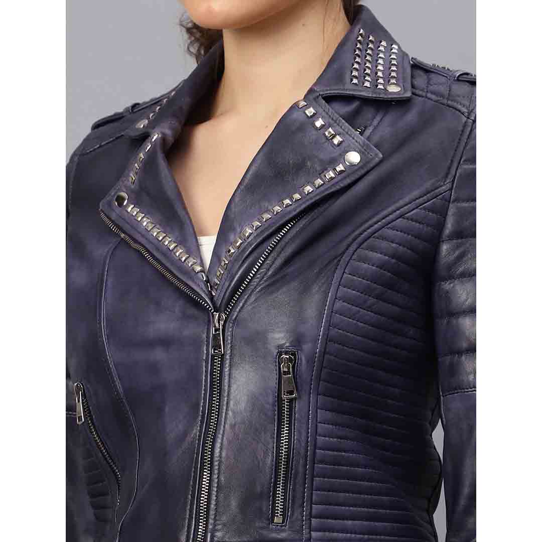 Saint Brielle Women Blue Leather Biker Style Jackets - Image 8