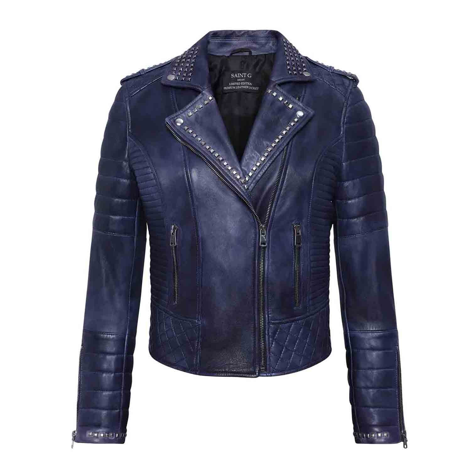 Saint Brielle Women Blue Leather Biker Style Jackets - Image 9