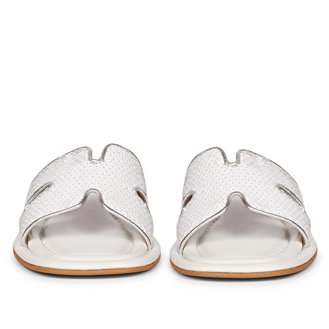 Saint Bria Sequin Metallic White Leather Flats - Image 5