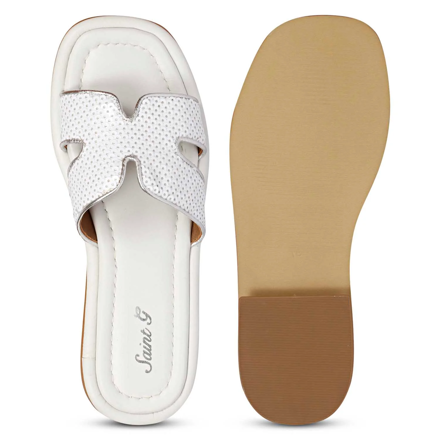 Saint Bria Sequin Metallic White Leather Flats - Image 7
