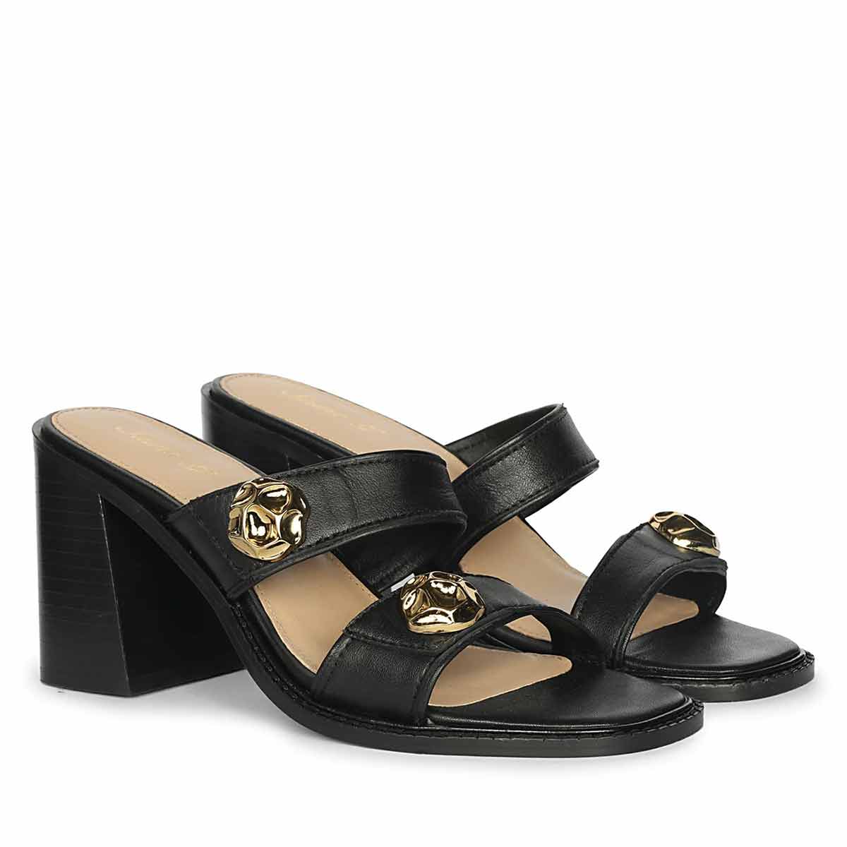 Saint Brisa Gold Emblems Black Leather Heels - Image 3