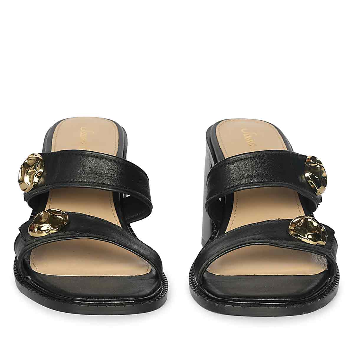 Saint Brisa Gold Emblems Black Leather Heels - Image 5