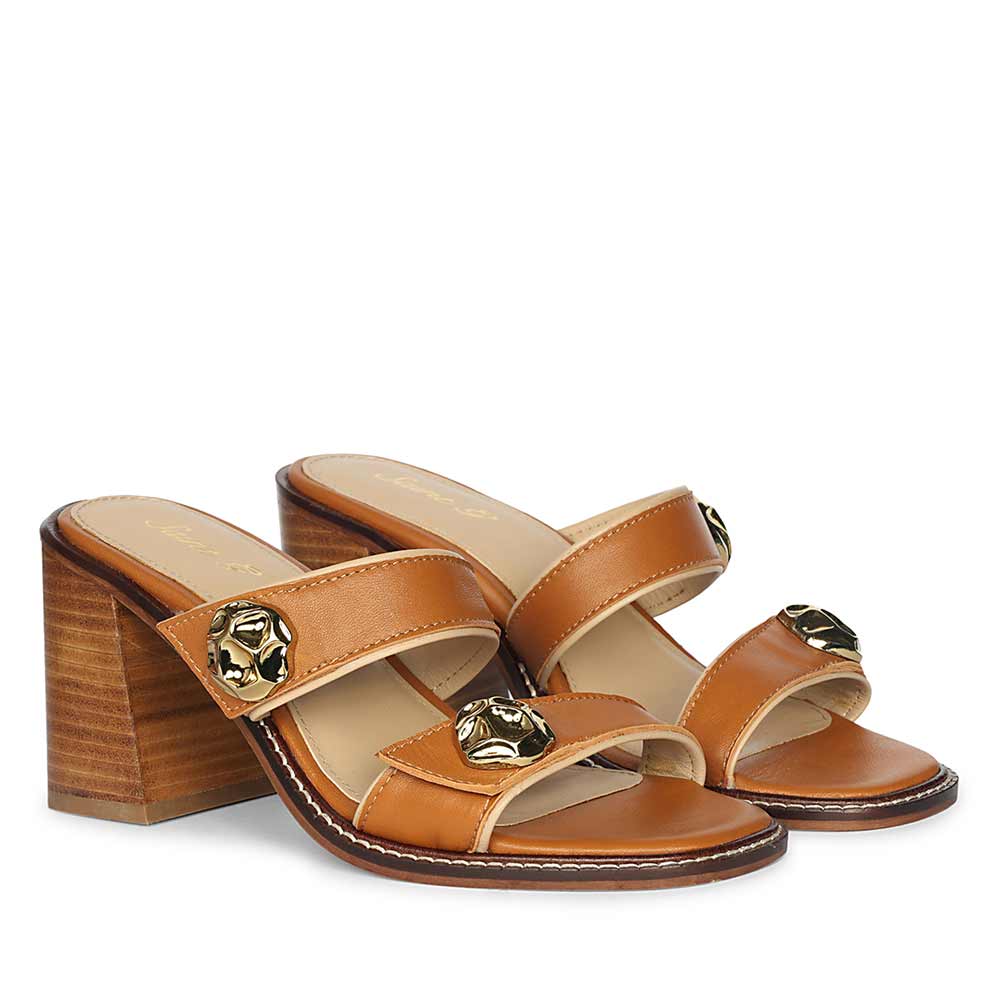 Saint Brisa Gold Emblems Tan Leather Heels - Image 3