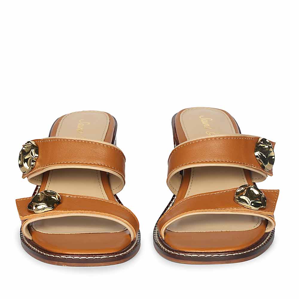 Saint Brisa Gold Emblems Tan Leather Heels - Image 6