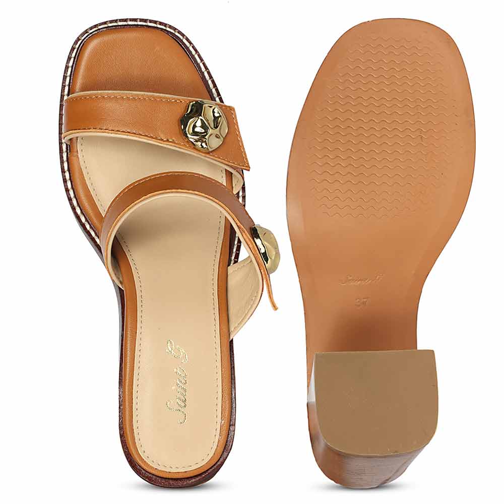 Saint Brisa Gold Emblems Tan Leather Heels - Image 8