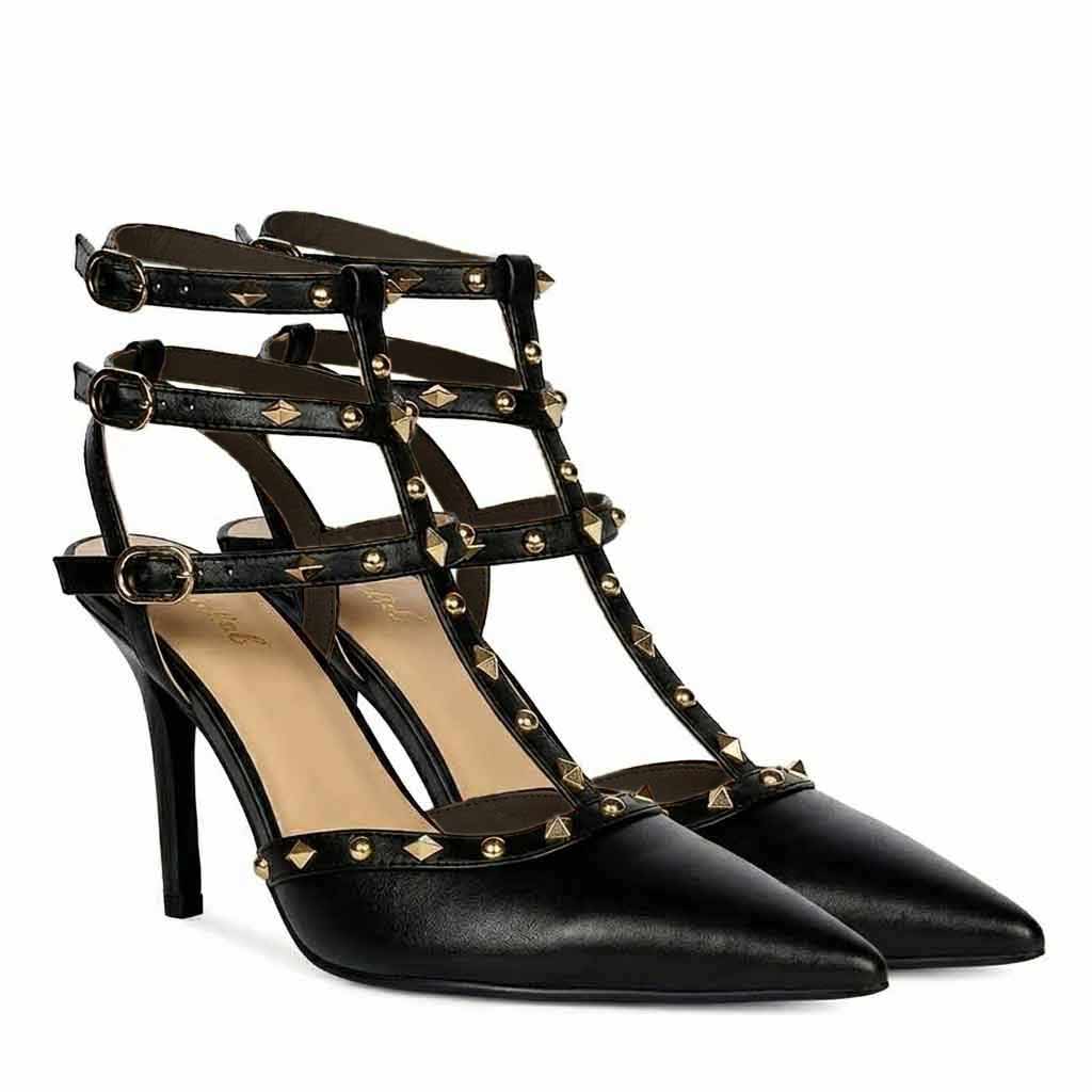 Saint Brittany Crystal Stone Black Leather High Heels - Image 2