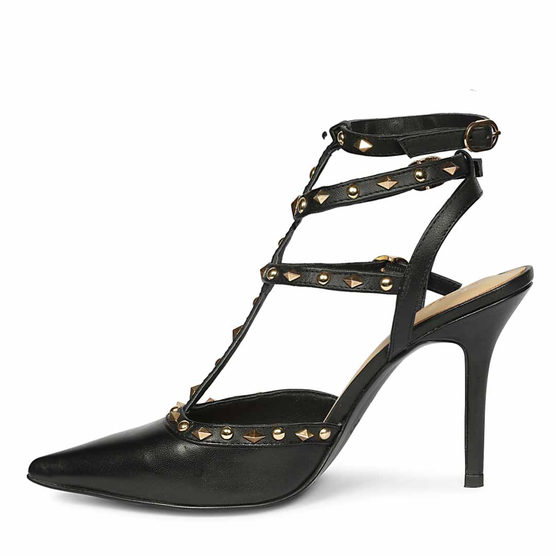 Saint Brittany Crystal Stone Black Leather High Heels - Image 3