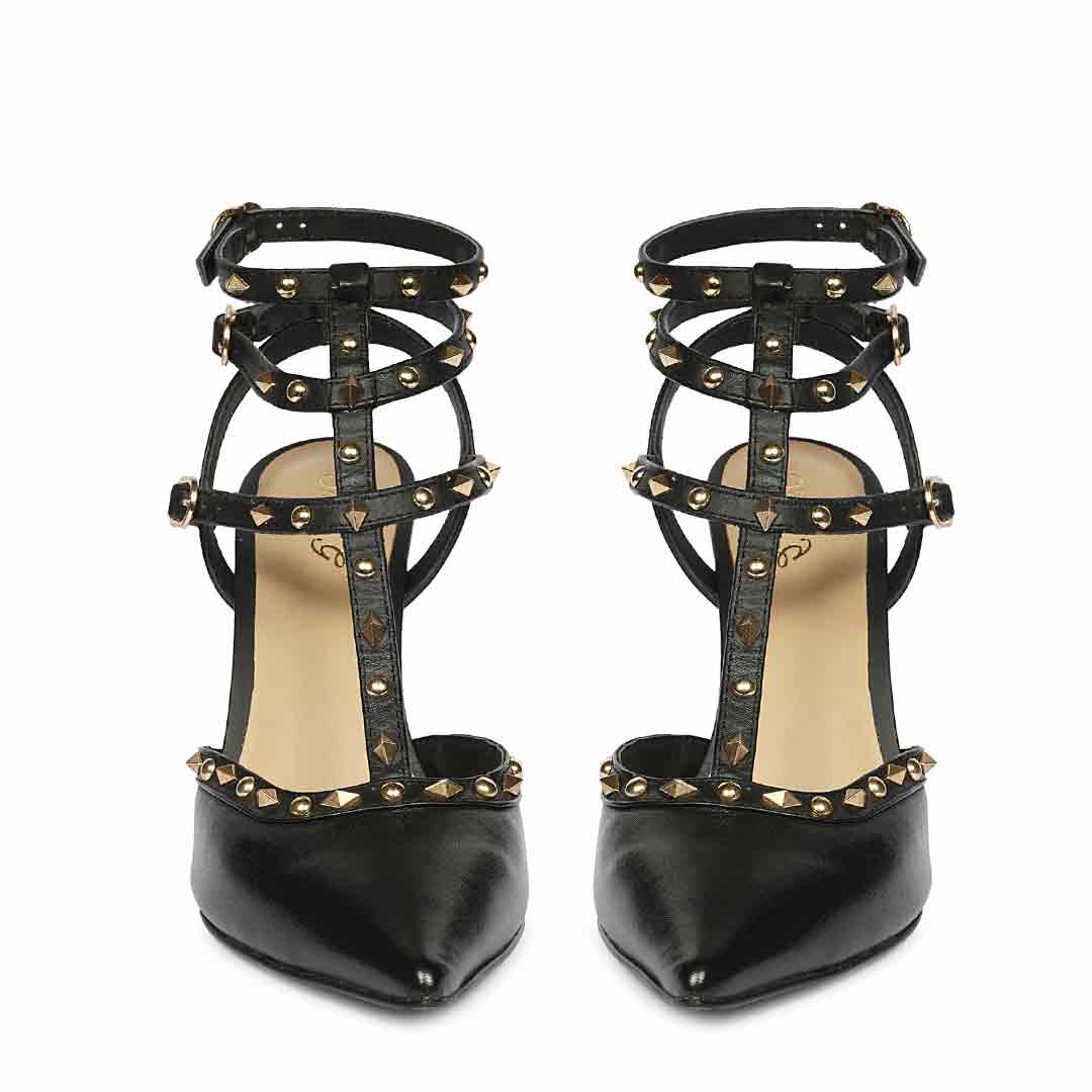 Saint Brittany Crystal Stone Black Leather High Heels - Image 4