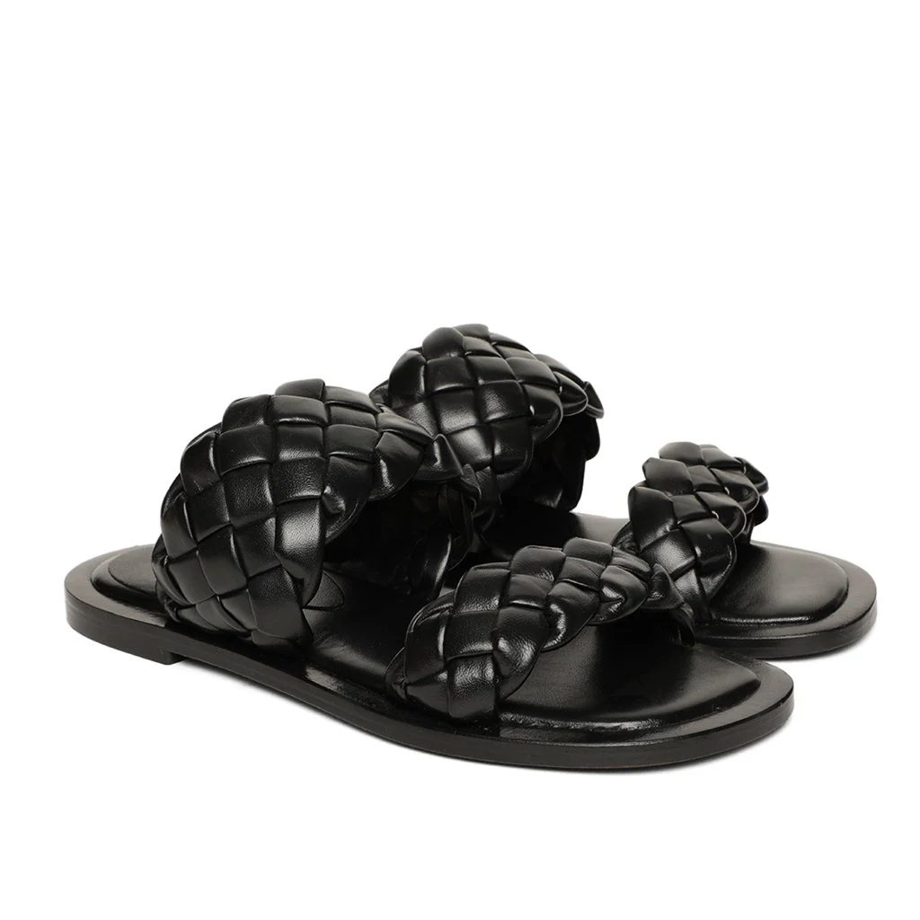 Saint Bruna Black Woven Leather Sliders - Image 2