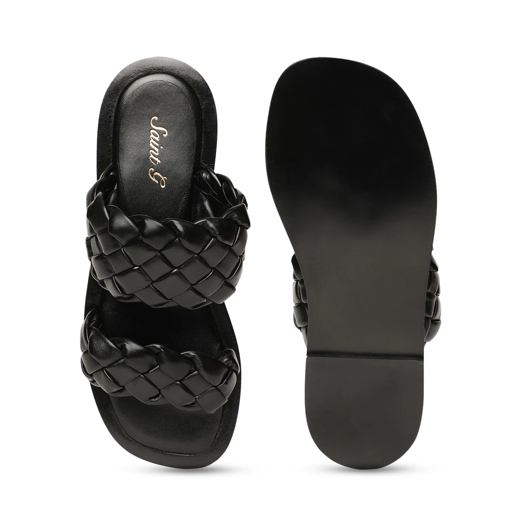 Saint Bruna Black Woven Leather Sliders - Image 6