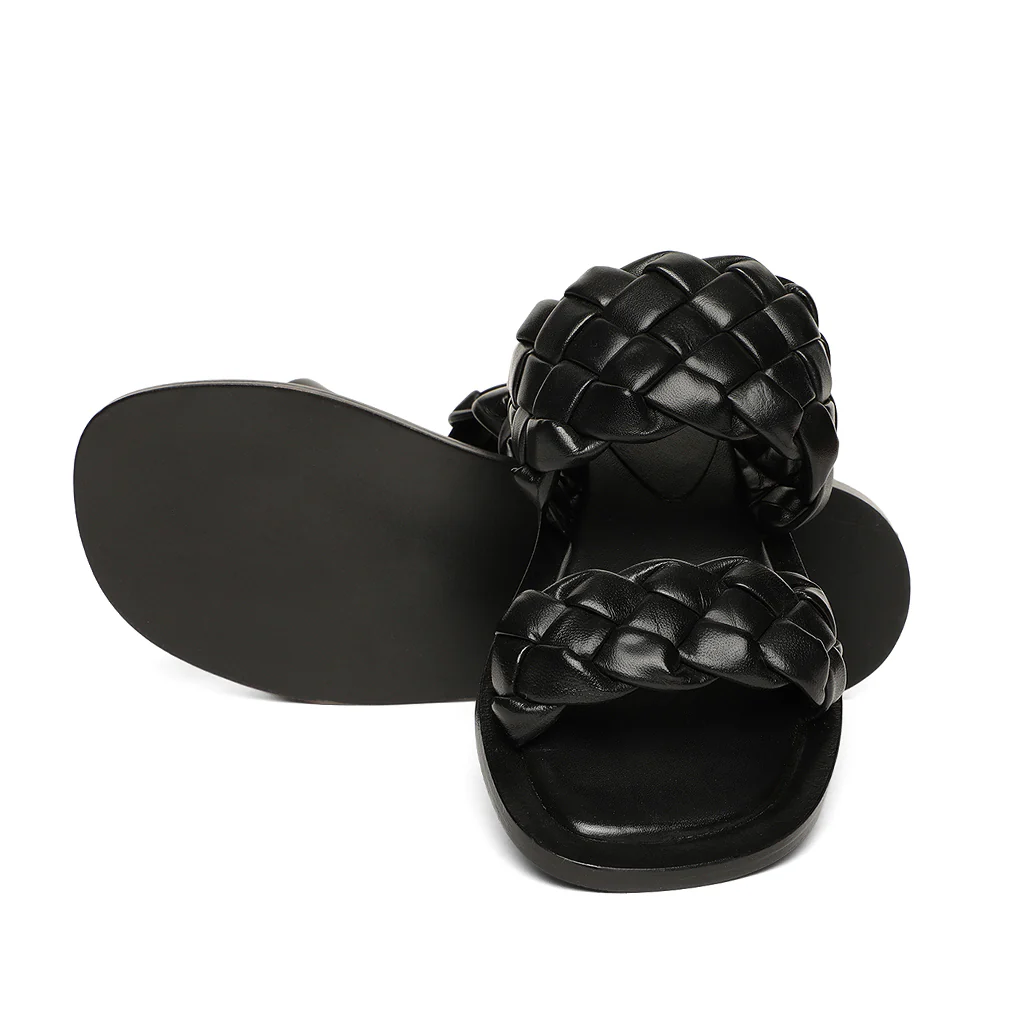 Saint Bruna Black Woven Leather Sliders - Image 7