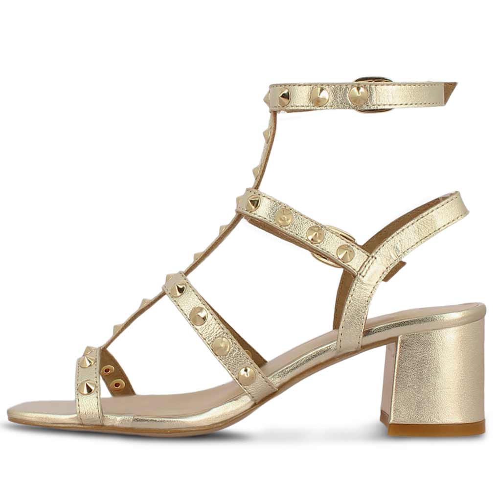 Saint Camilla Gold Leather Metal Studded Block Heels - Image 4