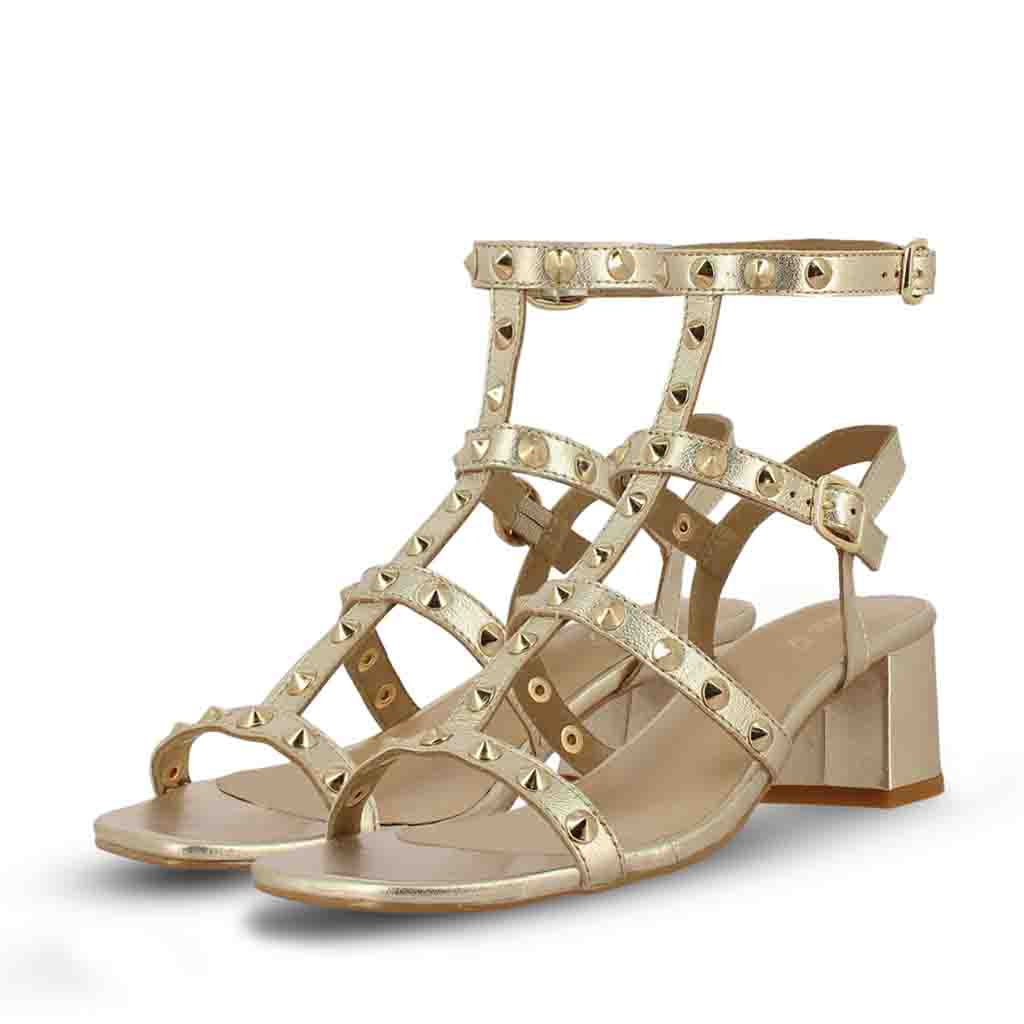 Saint Camilla Gold Leather Metal Studded Block Heels - Image 5