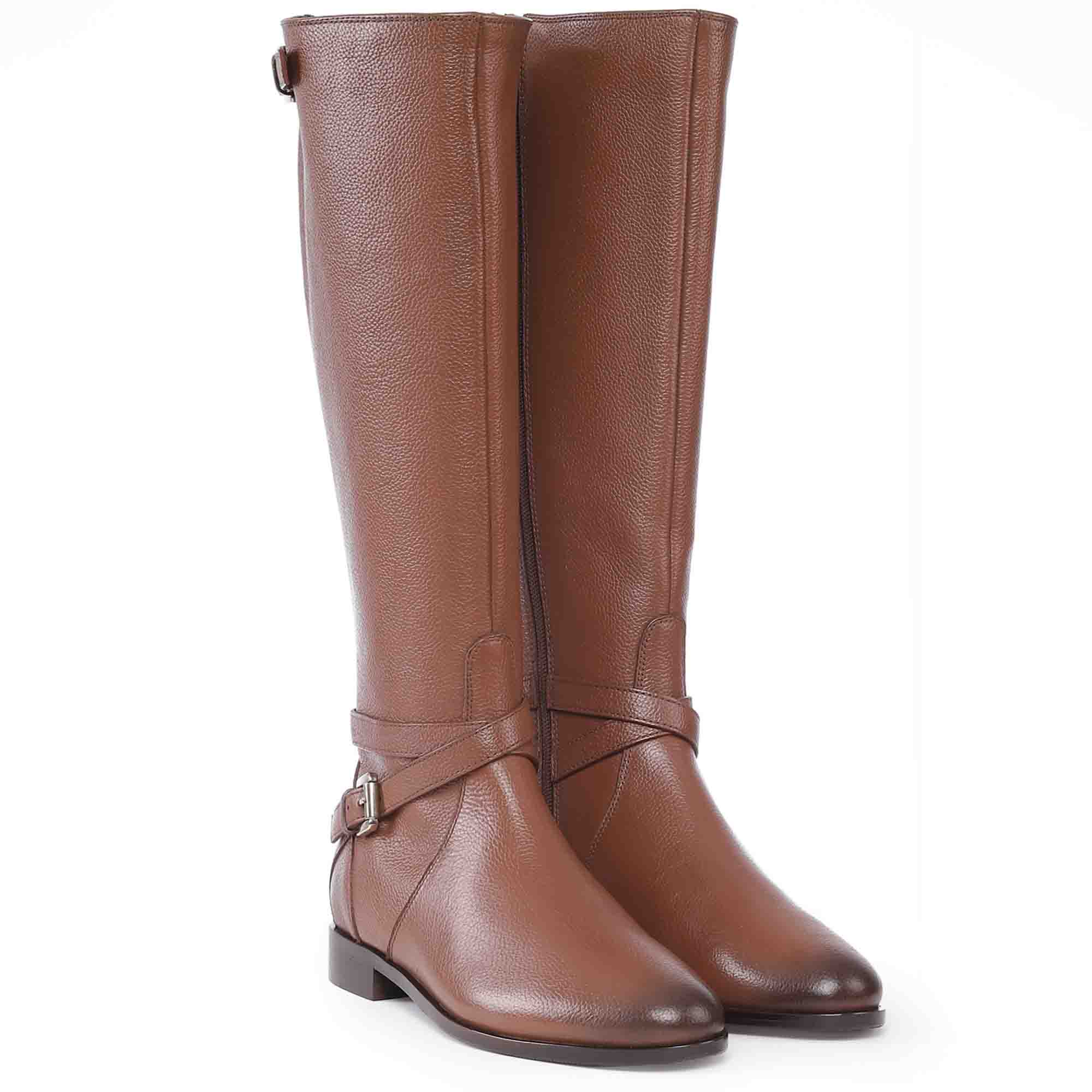 Saint Cara Tan Leather Buckle Detail Long Boots - Image 3