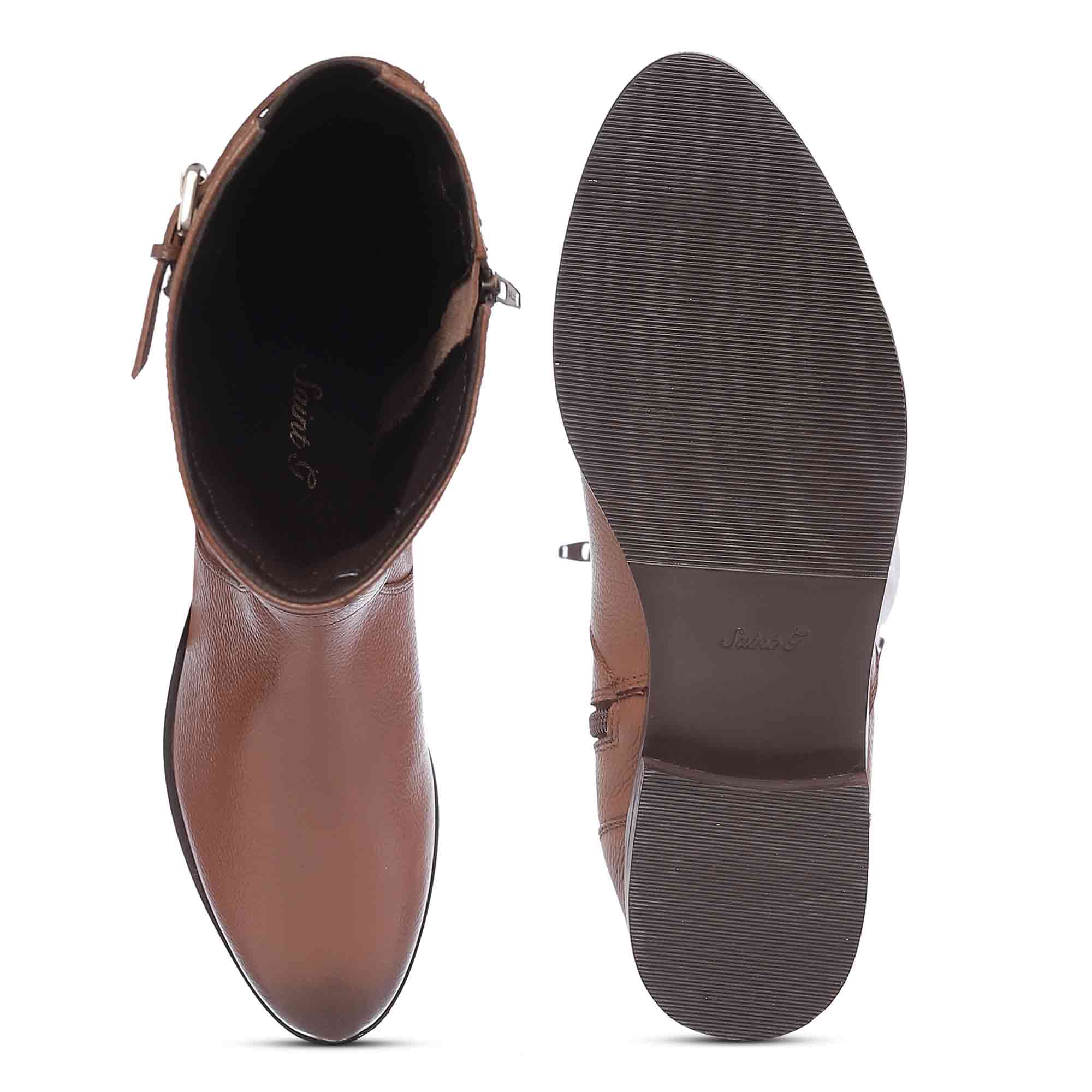 Saint Cara Tan Leather Buckle Detail Long Boots - Image 8
