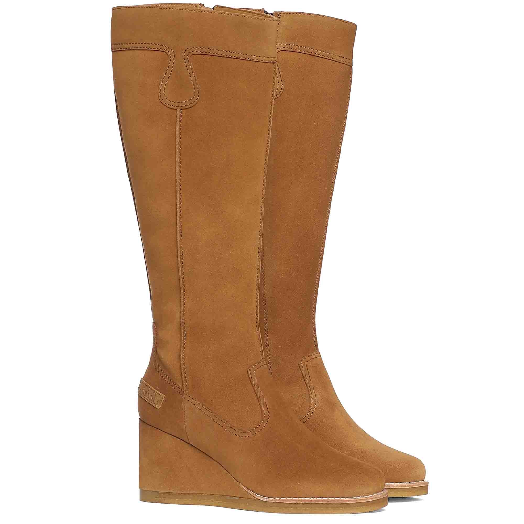 Saint Carina Camel Suede Leather Knee High Wedge Heel boots - Image 2