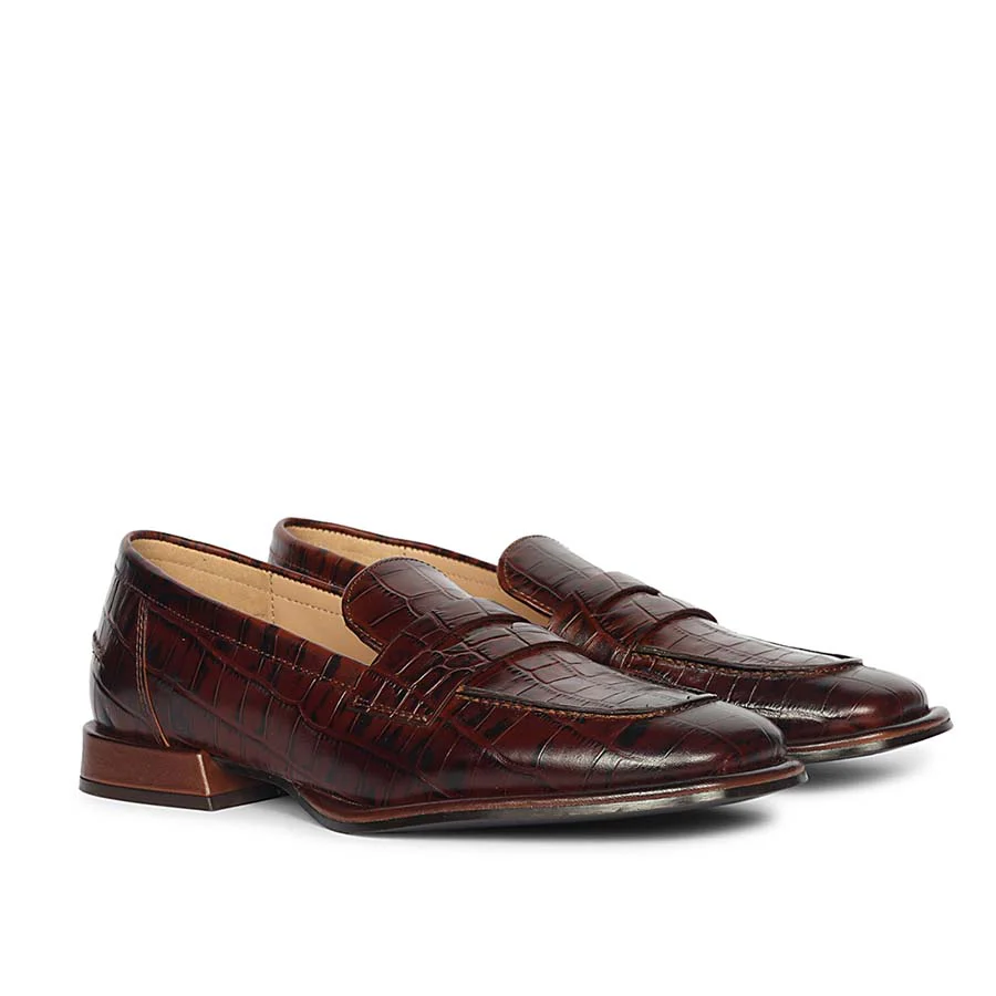 Saint Carla Croco Embossed Chocolate Leather Moccasins - Image 2
